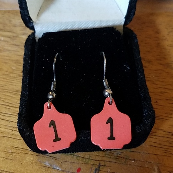 Cow Tag Earrings Red with #1 - Picture 1 of 1